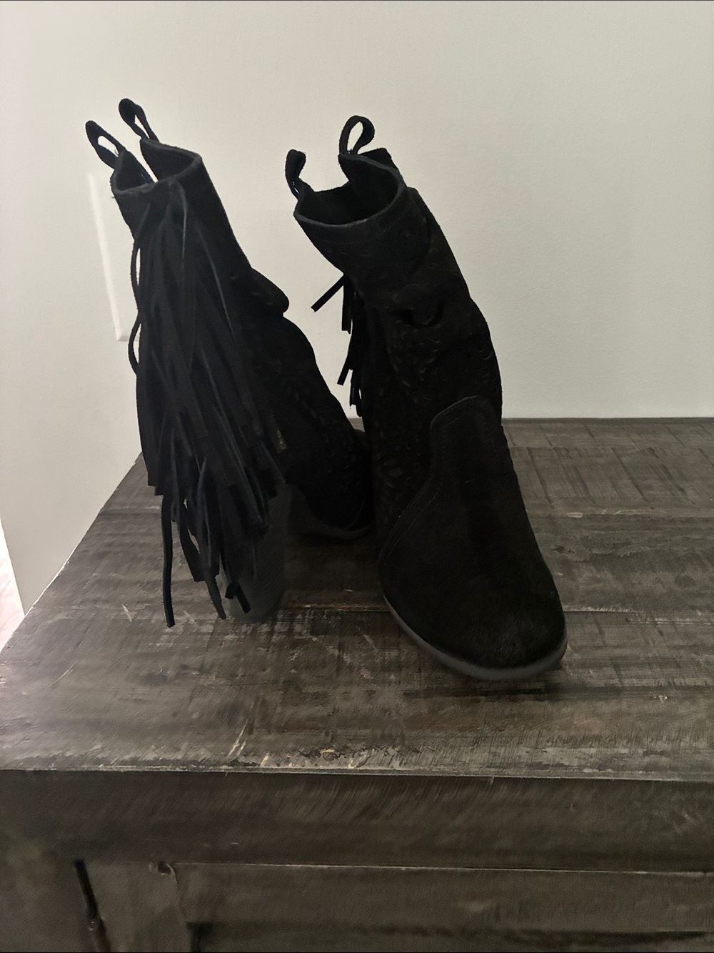 Black Fringe Suede Ankle Boots - Women's Fashion Booties